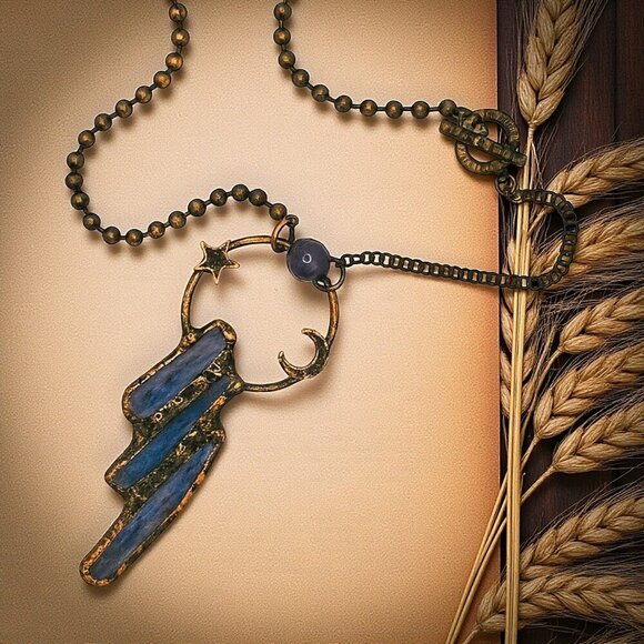 Boho Chic Kyanite & Amethyst Crescent Moon Star Pendant Vintage Necklace ๐โจ - Picture 7 of 12